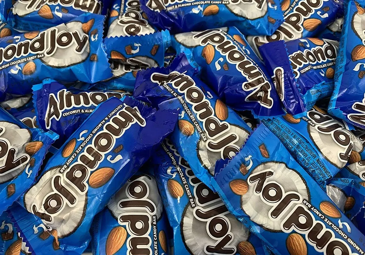A pile of Almond Joy bars in blue wrappers