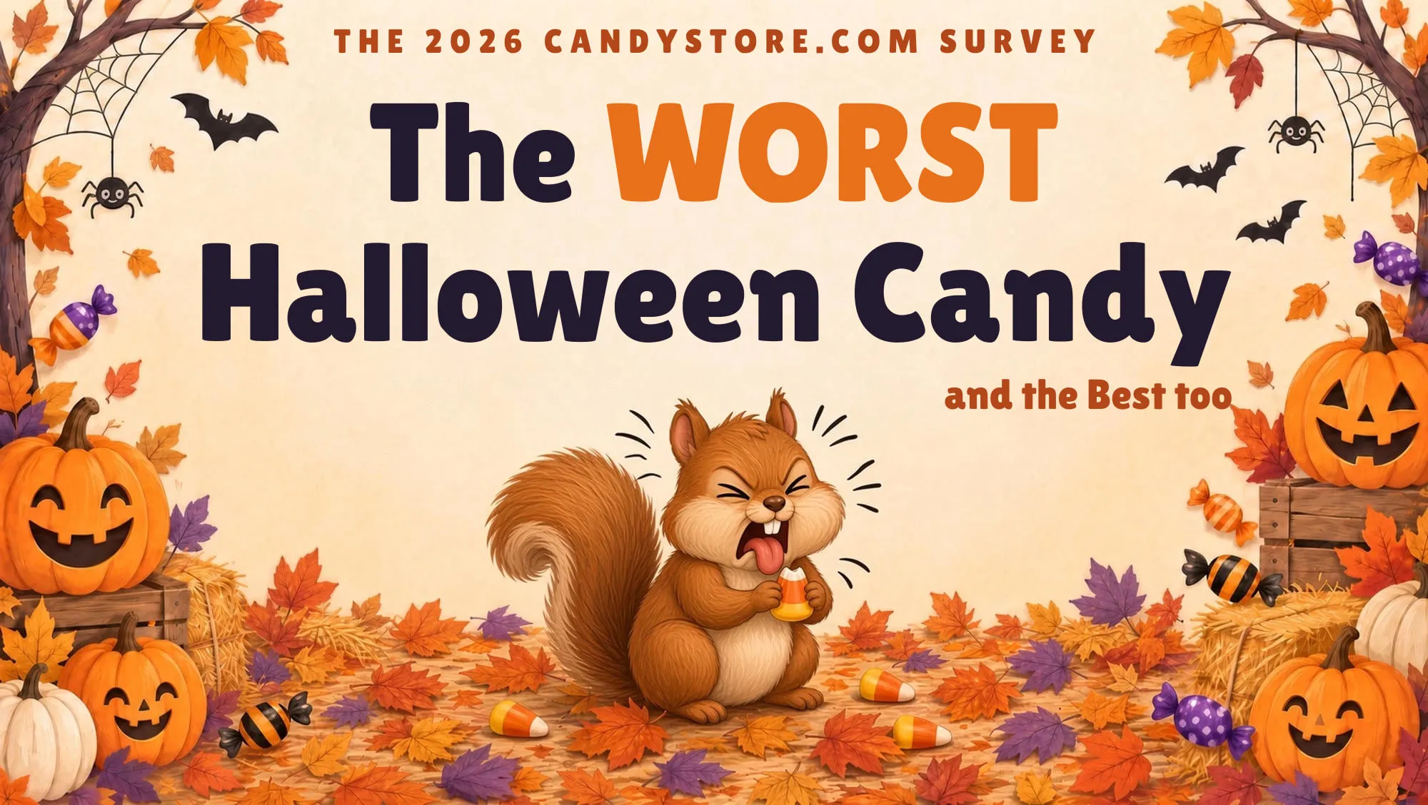 The Worst Halloween Candy. A cartoon squirrel in a pile of autumn leaves makes a disgusted face at the candy corn it just bit into, surrounded by jack-o'-lanterns and scattered candy corn.